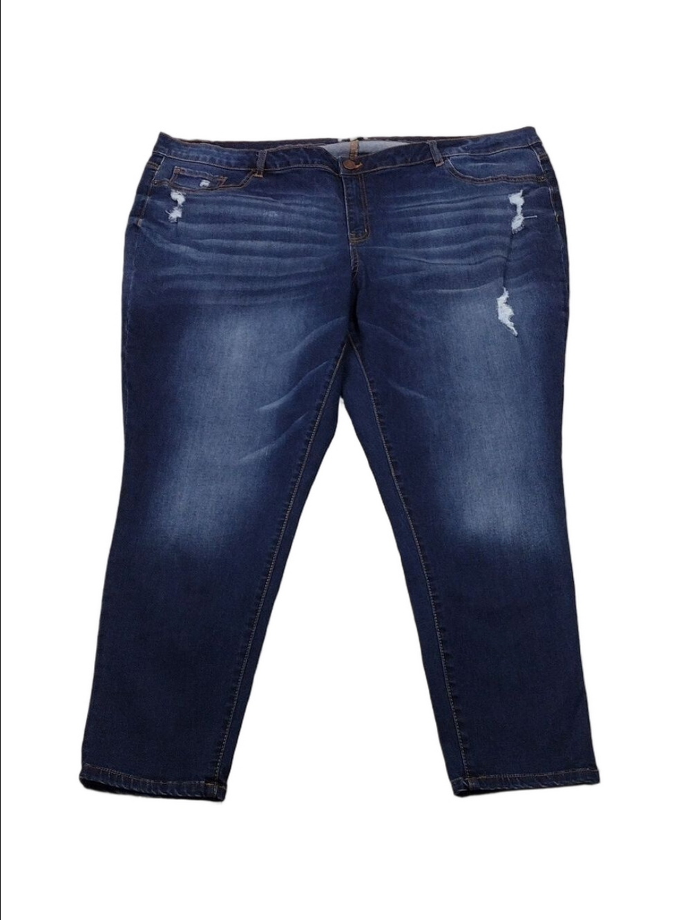 Rewind Blue Whiskering Distress Dark Wash Five Pocket High Rise Skinny Leg Jean